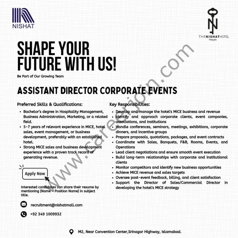 Nishat Hotel Jobs Assistant Director Corporate Events 1