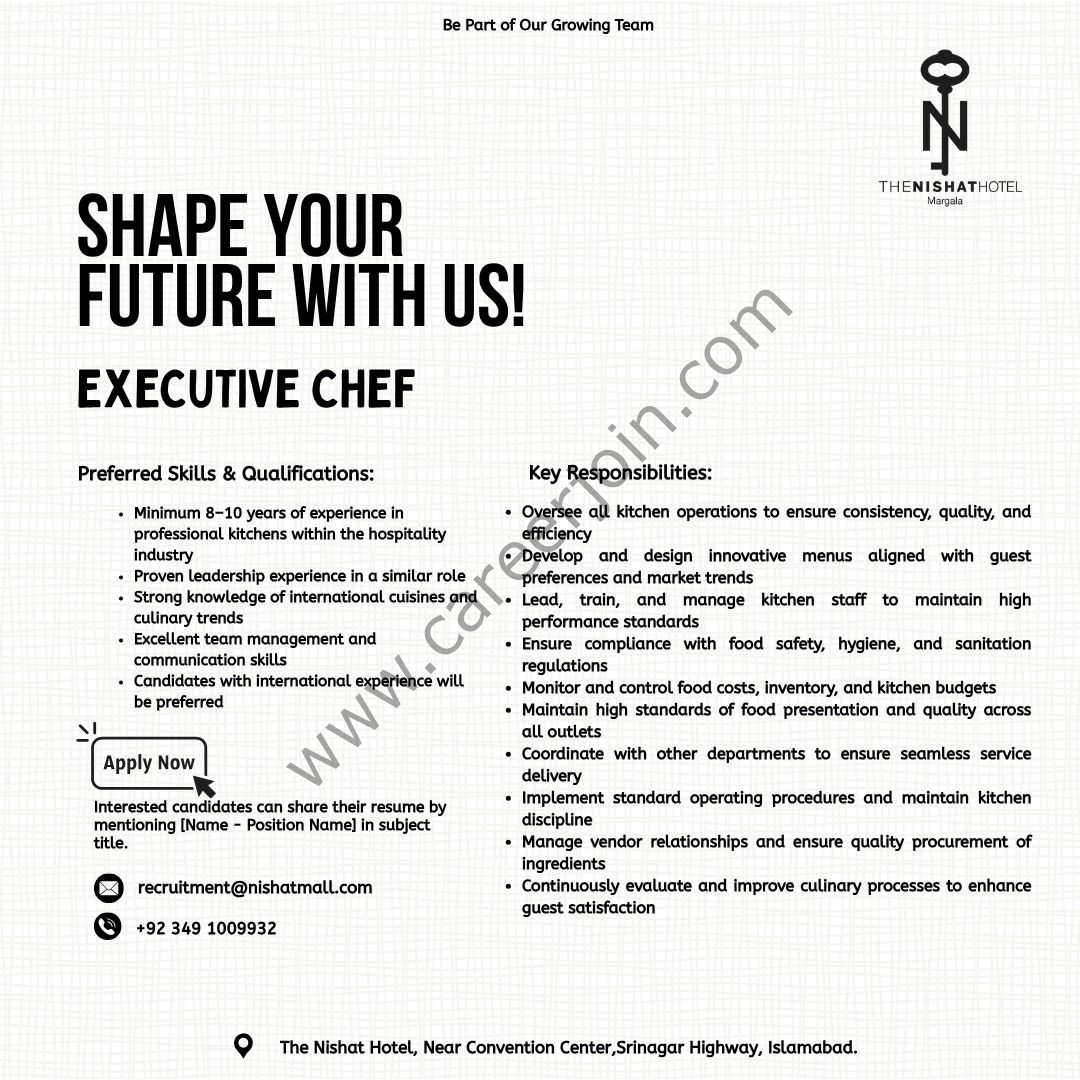 Nishat Hotel Islamabad Jobs Executive Chef 1