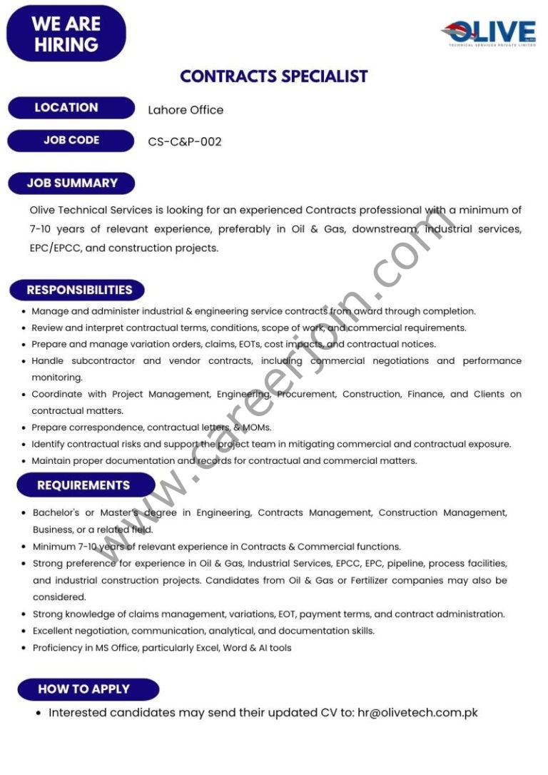OLIVE Technical Services Pvt Ltd Jobs Contracts Specialist