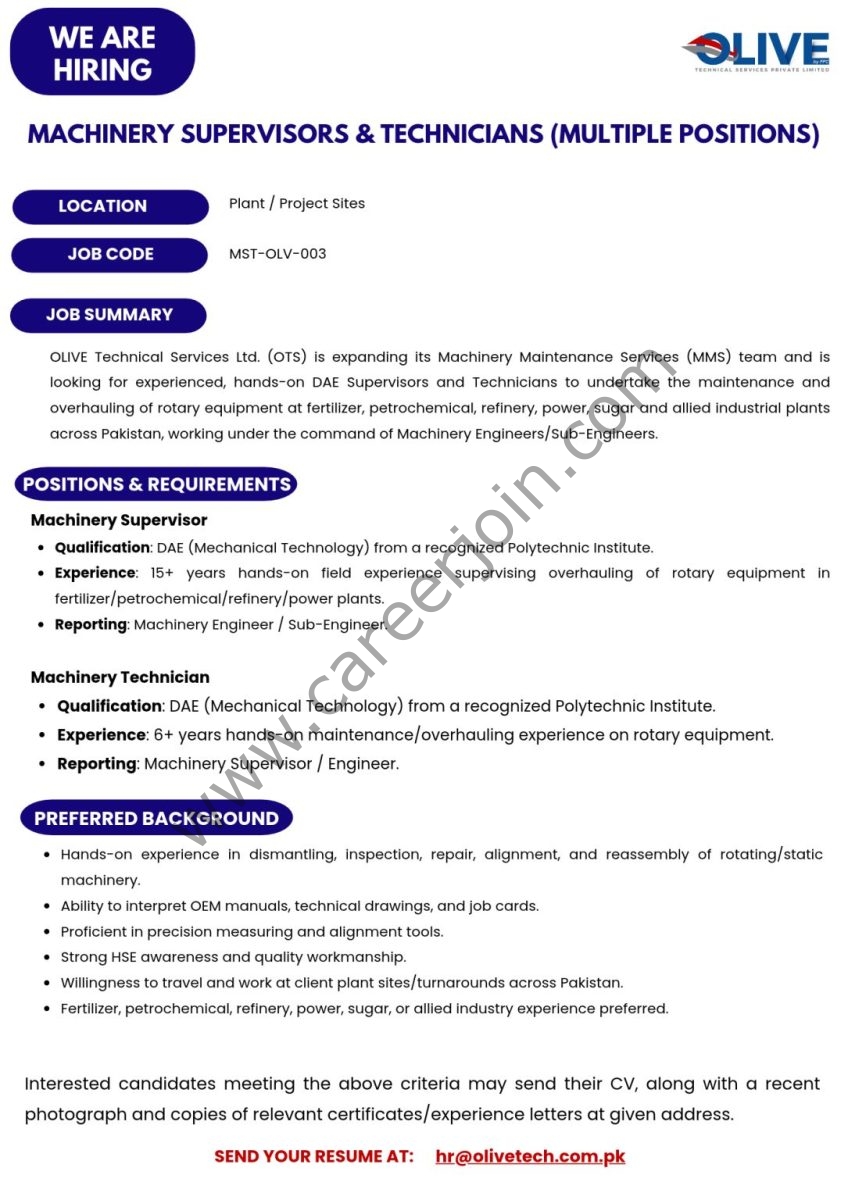 Olive Technical Services Pvt Ltd Jobs Machinery Supervisors & Technicians  1