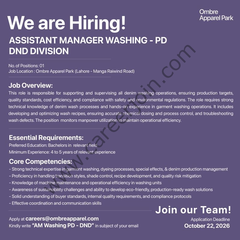 Ombre Apparel Pvt Ltd Jobs Assistant Manager Washing 1