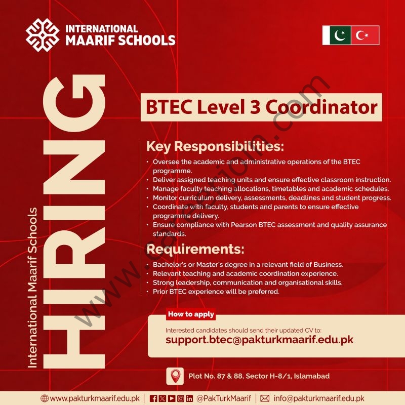 International Maarif Schools Jobs BTEC Level 3 Coordinator 1