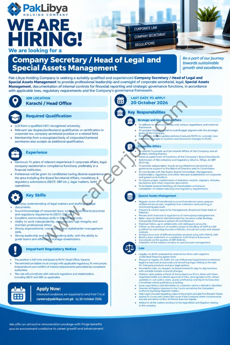 Pak-Libya Holding Company Jobs Company Secretary / Head of Legal and Special Assets Management 1