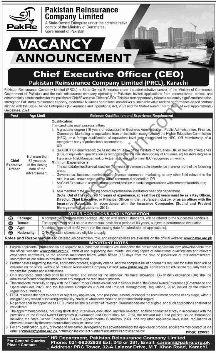 Pakistan Reinsurance Co Ltd PakRe Jobs 18 October 2026 Dawn 01 1