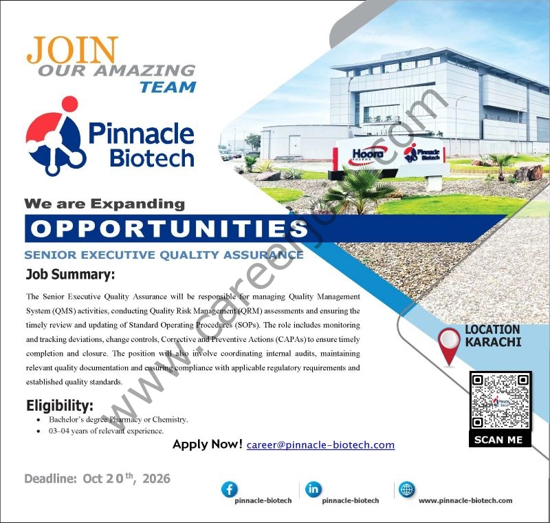 Pinnacle Biotech Jobs Senior Executive Quality Assurance 1