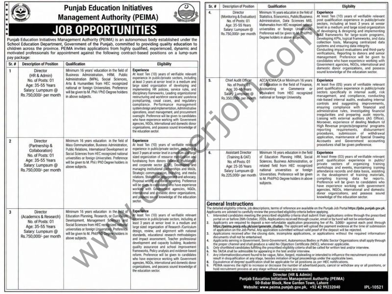 Punjab Education Initiatives Management Authority PEIMA Jobs 06 October 2026 1