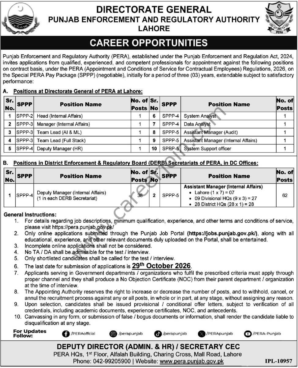Punjab Enforcement & Regulatory Authority Lahore Jobs 14 October 2026 Express Tribune 1