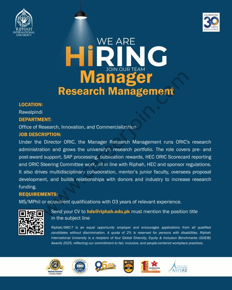 Riphah International University Jobs Manager Research Management 1