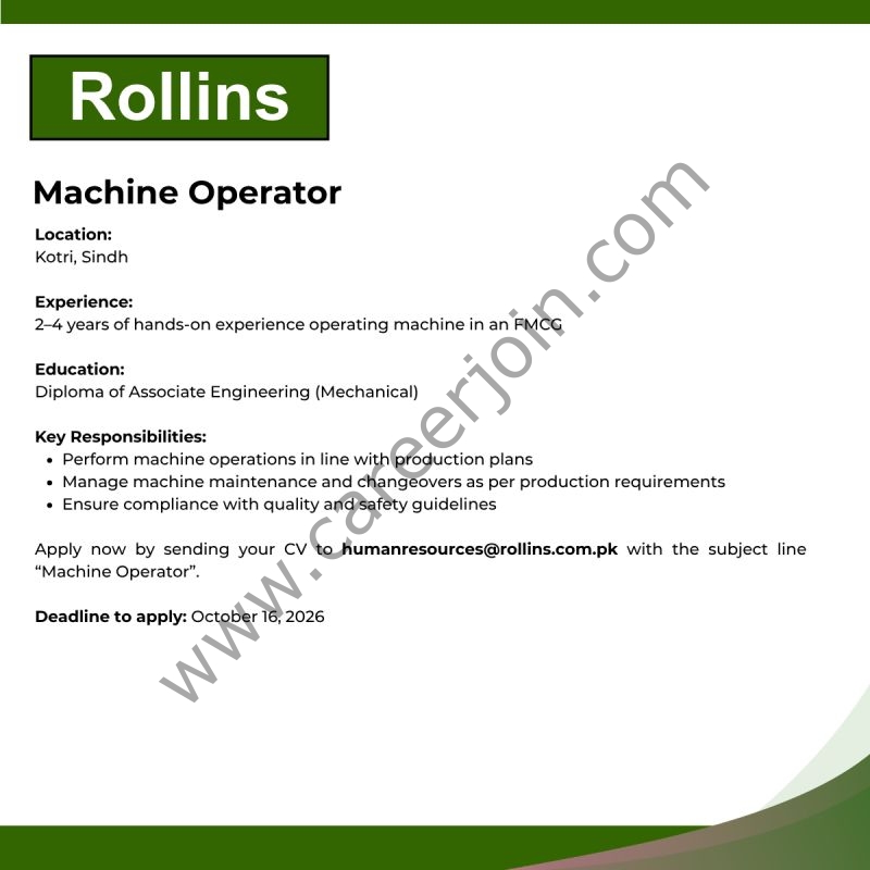 Rollins Industries Jobs Machine Operator 1
