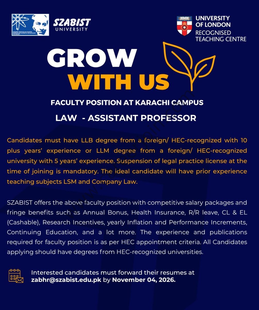 SZABIST University Jobs Assistant Professor Law 1