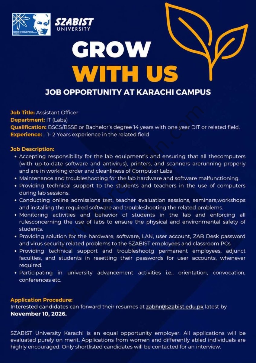 SZABIST University Jobs Assistant Officer 1