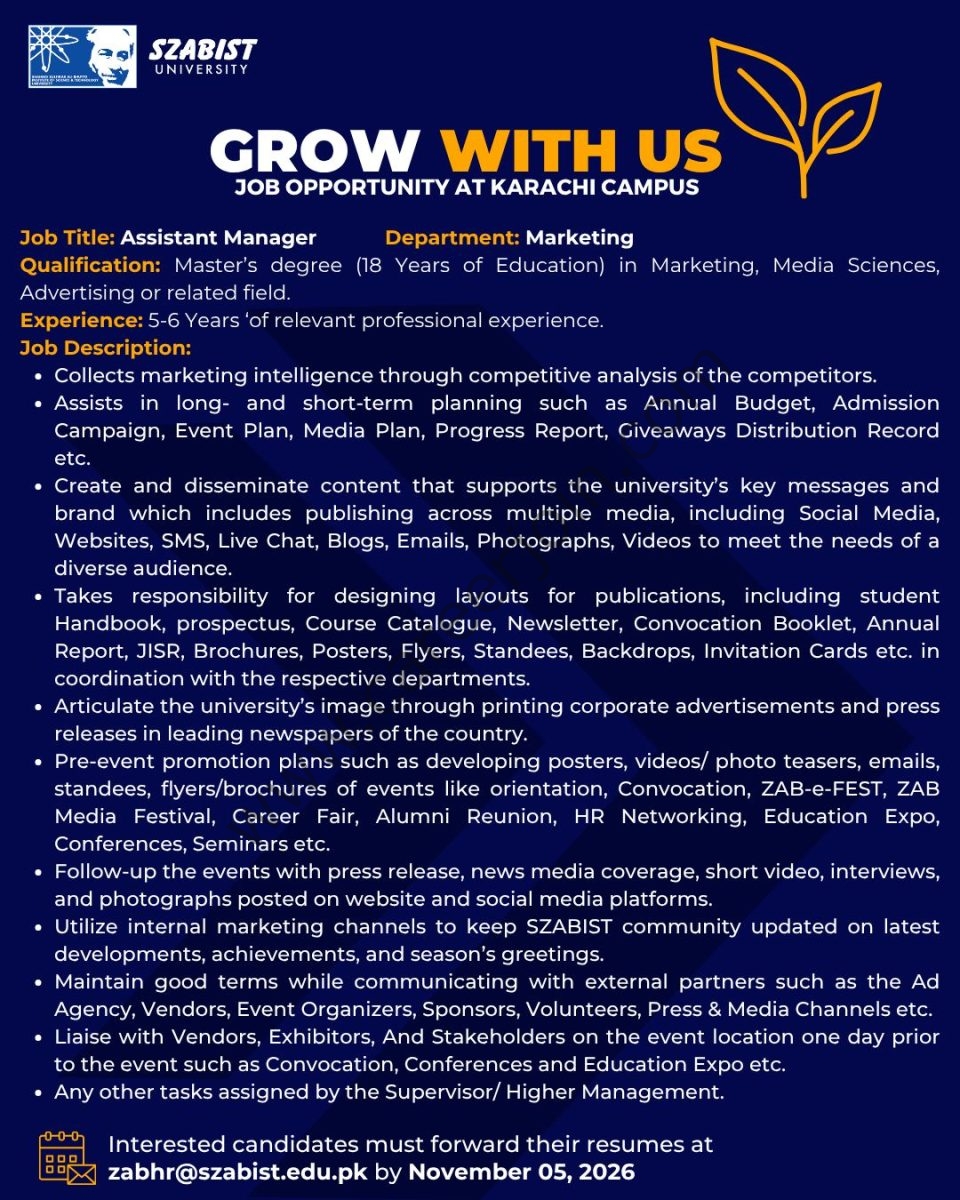 SZABIST University Jobs Assistant Manager Marketing 1
