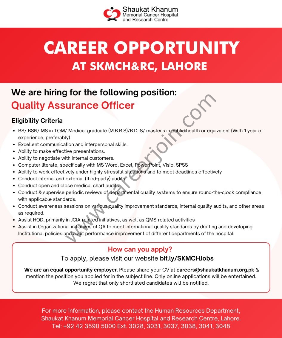 Shaukat Khanum Memorial Cancer Hospital and Research Centre Jobs Quality Assurance Officer 1