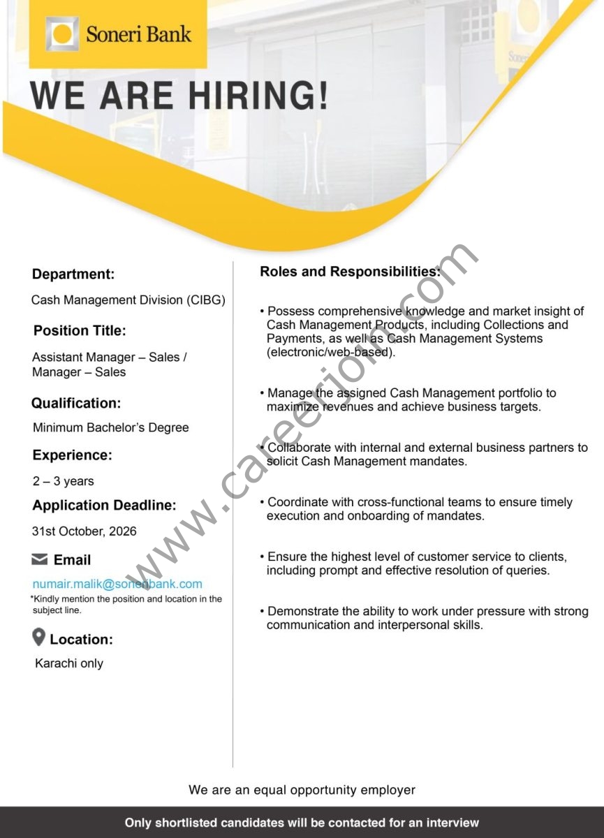 Soneri Bank Limited Jobs Assistant Manager Sales / Manager Sales 1