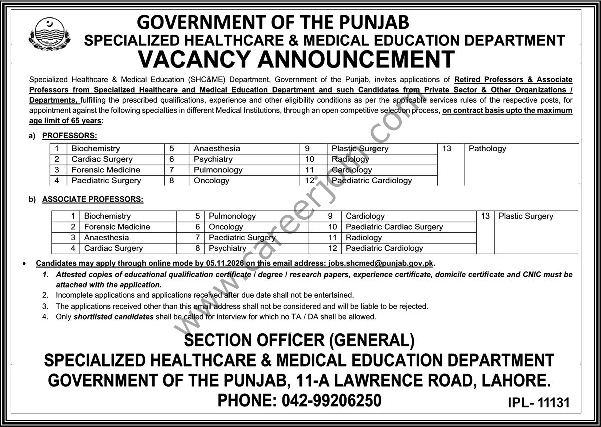 Specialized Healthcare & Medical Education Department Punjab Jobs 19 October 2026 Nation 1