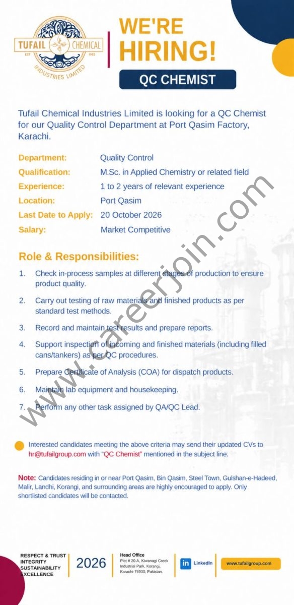 Tufail Chemical Industries Limited (TCIL) Jobs QC Chemist 1