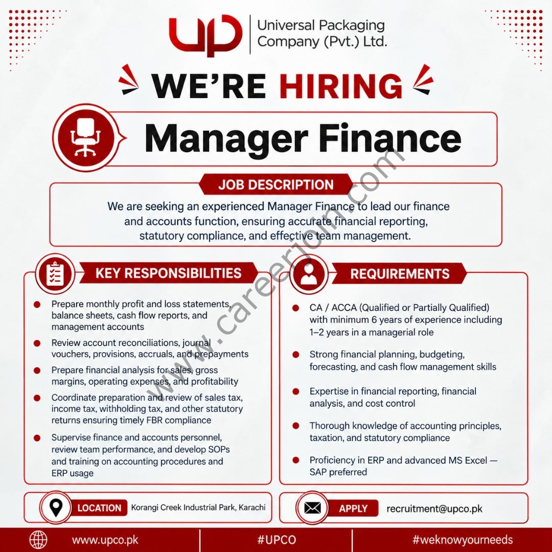 Universal Packaging Company (Pvt) Limited Jobs Manager Finance 1