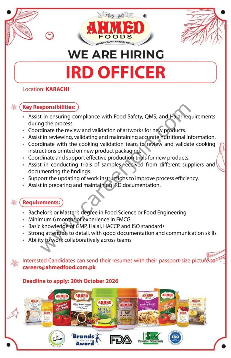 Ahmed Foods Pvt Ltd Jobs Innovation Research & Development Officer (IRD) 1